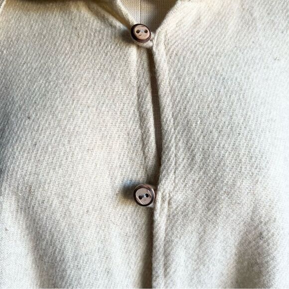Pure Wool Boho Poncho Sweater Scarf Wrap Wooden Buttons Oatmeal Cream Fringe XL - Picture 9 of 15